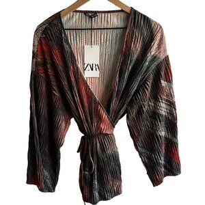NWT Zara V-Neck Printed Pleated Self Tie Kimono Top Sz: Small